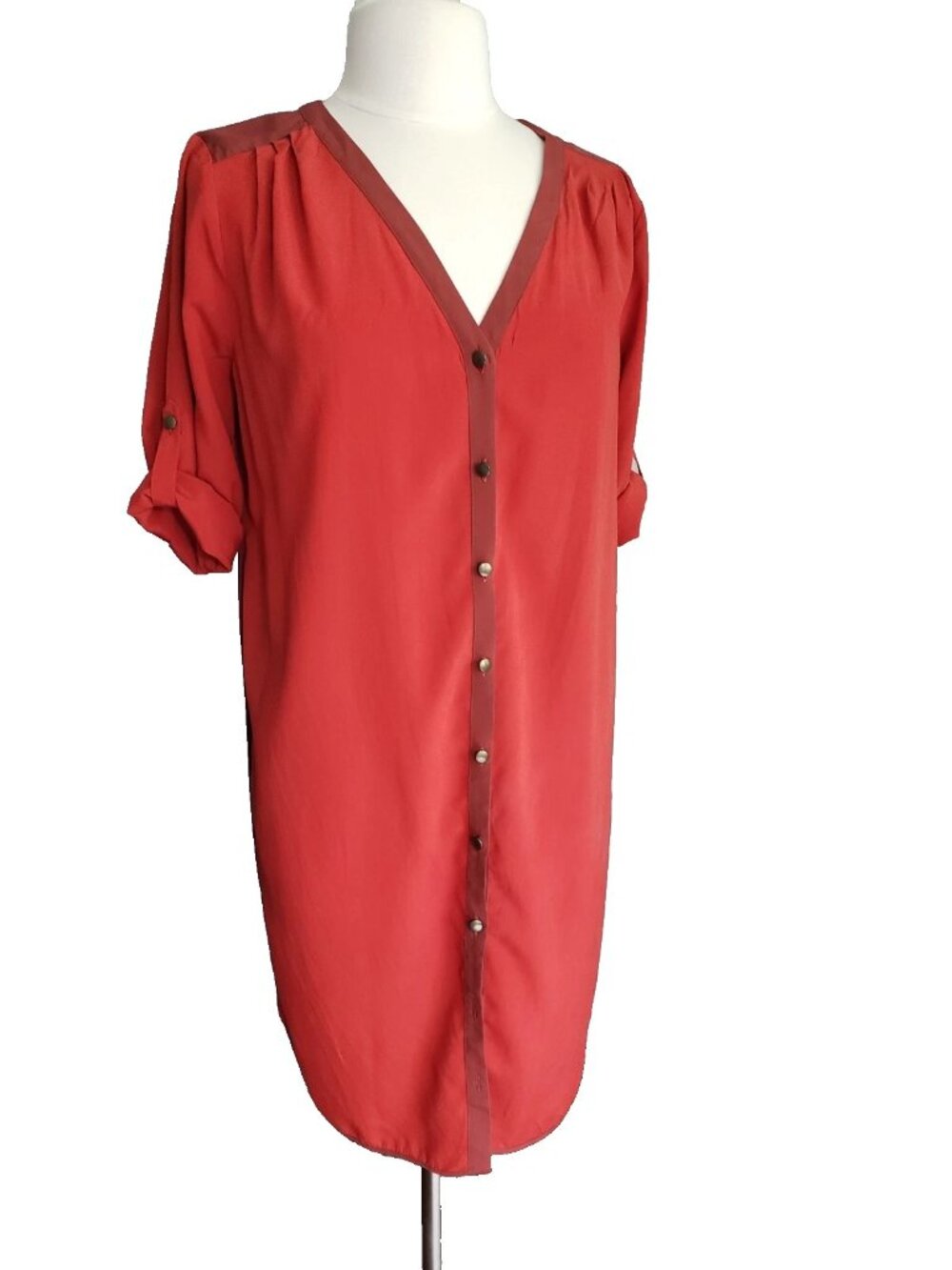 A Pea In The Pod Maternity Silk Button Up Roll Tab Sleeve Red Shirt Dress